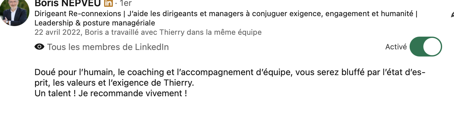 Recommandation LinkedIn de Boris Nepveu, Dirigeant Re-connexions