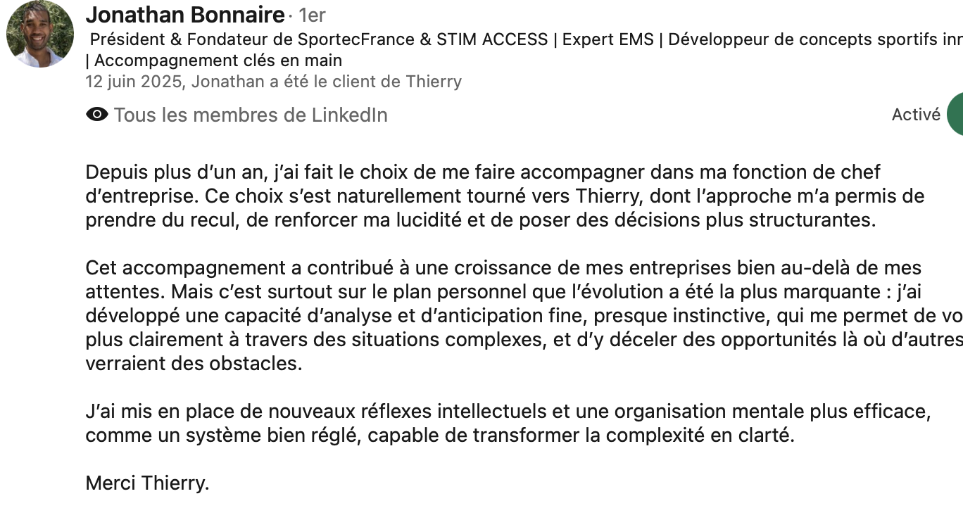 Recommandation LinkedIn de Jonathan Bonnaire, Président & Fondateur de SportecFrance